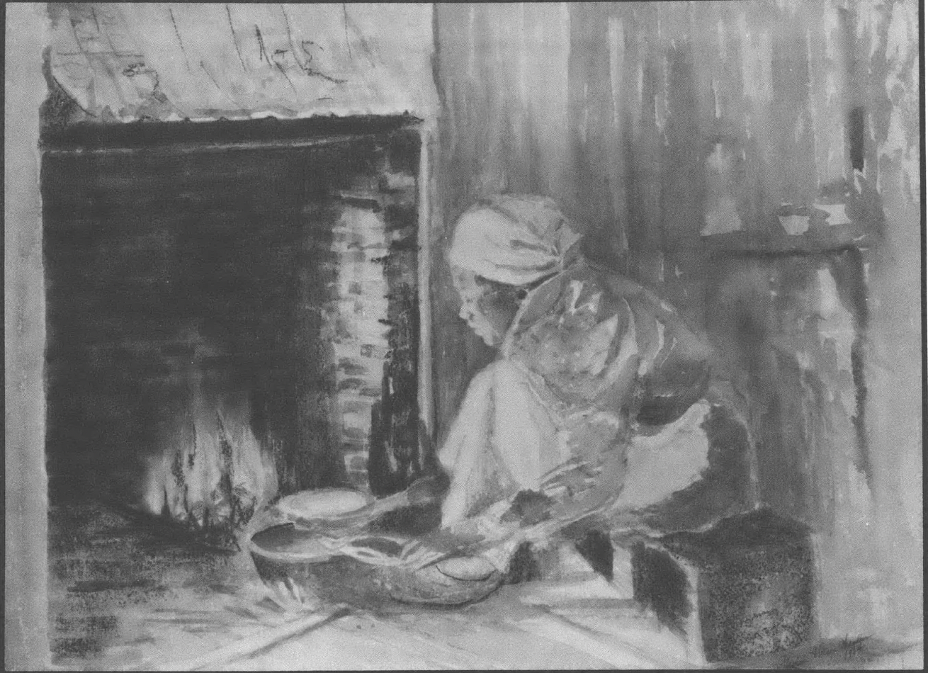 Black and white watercolor image of Black woman in headscarf tending a fire