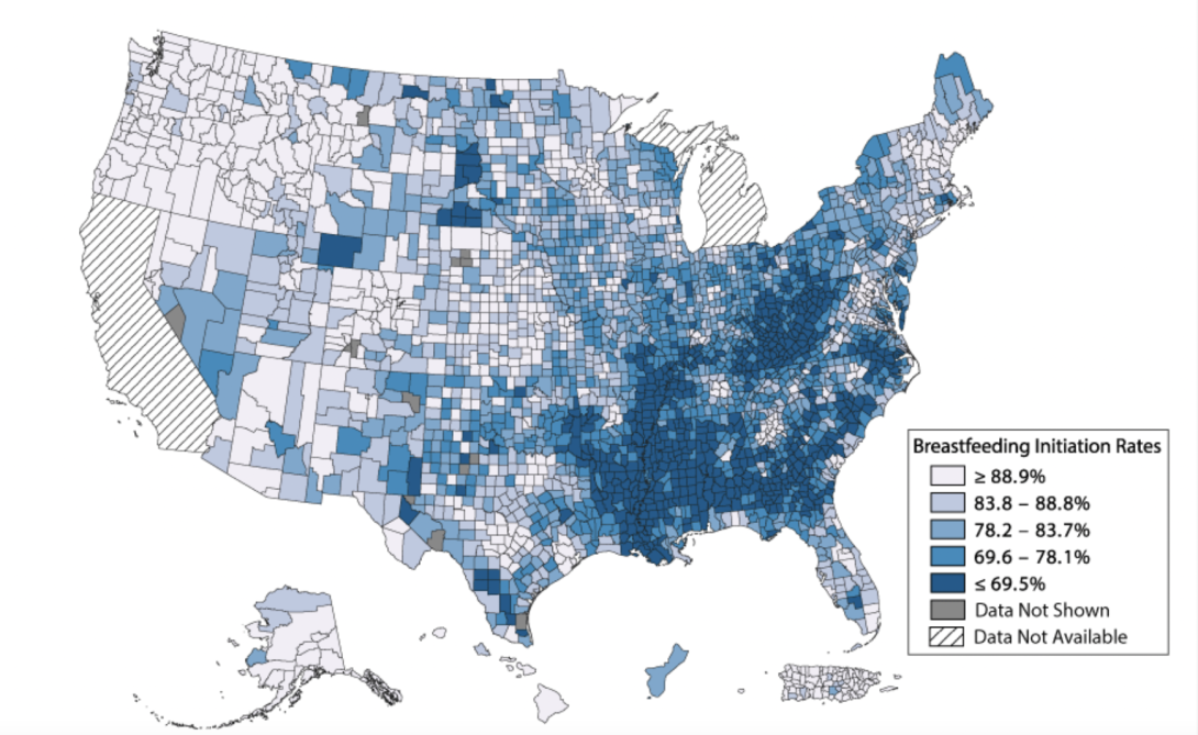 CDC map of breastfeeding initiation rates by county