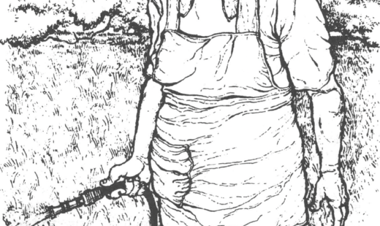 Ink drawing of old woman in sun hat and dress watering a garden