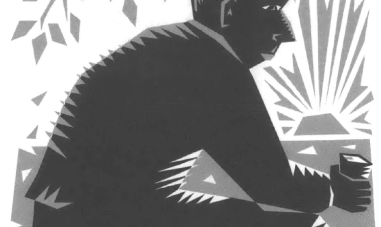 Black and white angular drawing of man seated outside on a lake with his back to the viewer