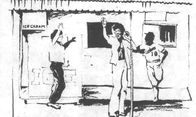 Black and white photo of three people, one in baseball uniform, standing outside a store