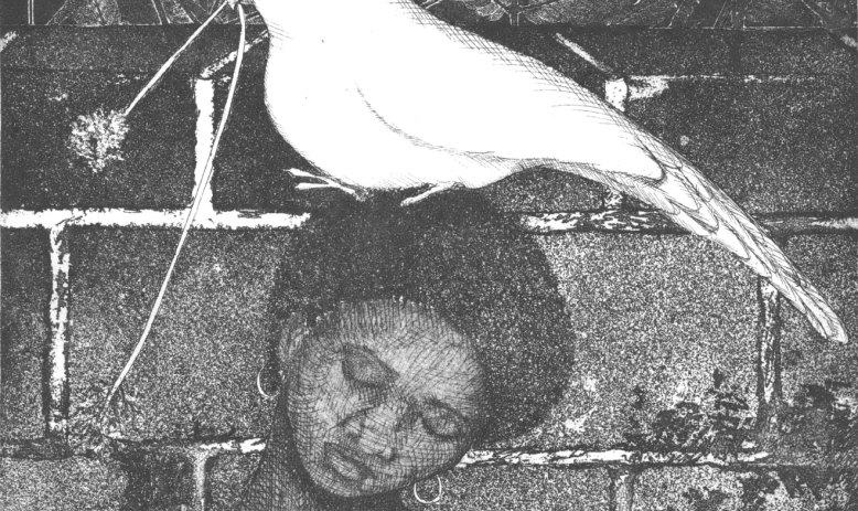 Drawing of a white dove with a flower in its mouth on the tilted head of a young Black woman with her eyes closed