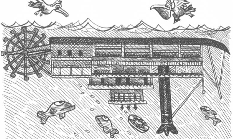 drawing of a sunk steam ship upside down under water fishes swiming 