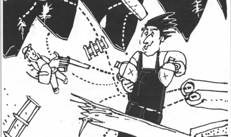 Sketch drawing of man in overalls witha chopped down tree