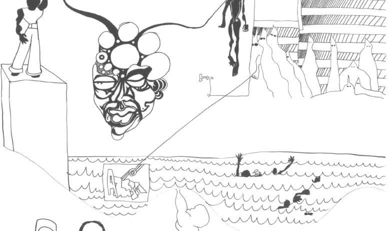 Line drawing of Black person's head, showing thoughts of a Black man with raised fist on one side and on the other hooded Klansmen, a lynching victim, and a US flag, all above Black bodies swimming in waves, and at the bottom a Black man and women