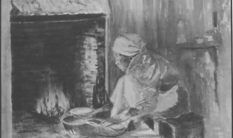 Black and white watercolor image of Black woman in headscarf tending a fire