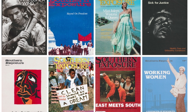Collage of eight Southern Exposure covers featuring labor organizers, Black literature, struggles for environmental justice, and more