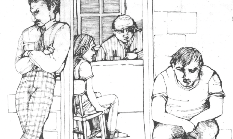 Black and white pen drawing of two men outside of an office while a woman sits in a meeting with a man behind a desk