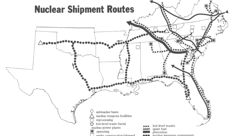 Map of Southern US labeled "Nuclear Shipment Routes"