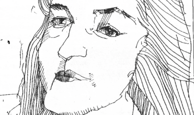 Black and white sketch of angular woman's face looking away from page