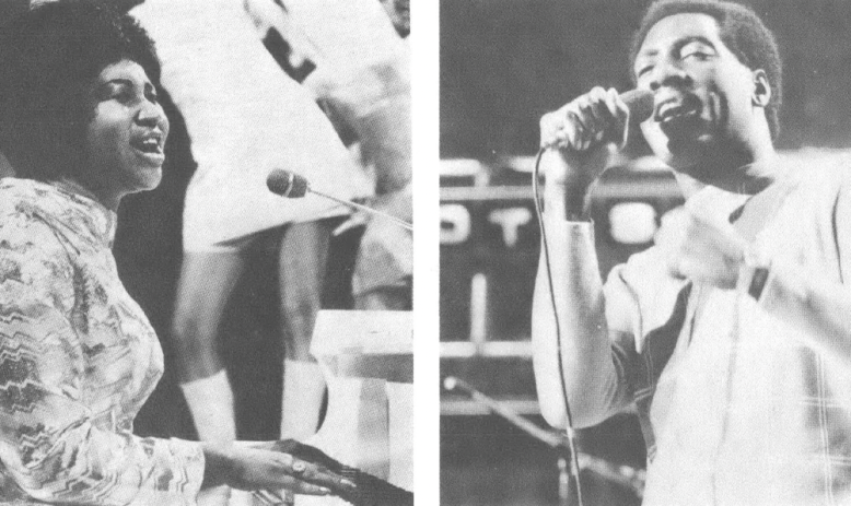 Black and white side by side photos of a Black woman singer on the left and a Black male singer on the right, both singing into microphones