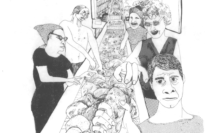 Black and white drawing of people surrounding a long table