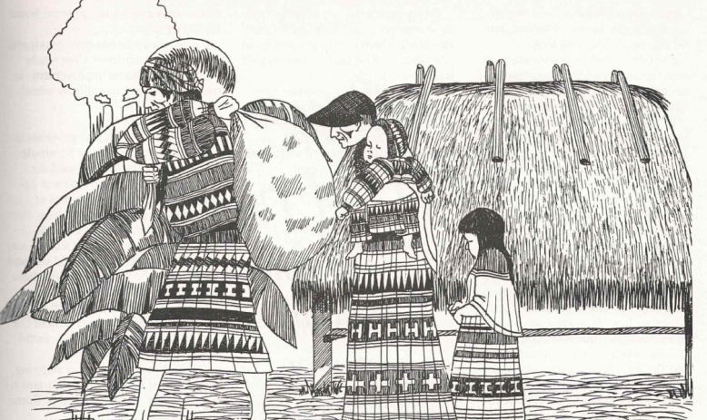 Black and white sketch of people pulling wagon 