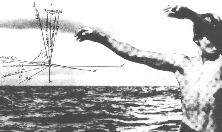 Black and white collage of shirtless man with arms outstretched over ocean