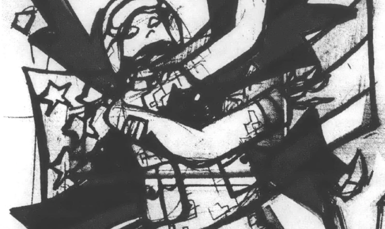 Drawing of soldier in front of flag 