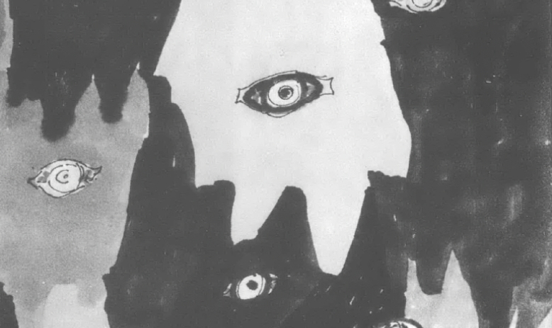 Black and white drawing of eyes floating in blobs of color
