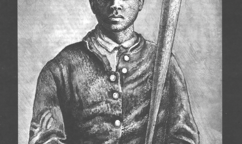 Black and white portrait drawing of Black man wearing uniform and cap, holding a baseball bat