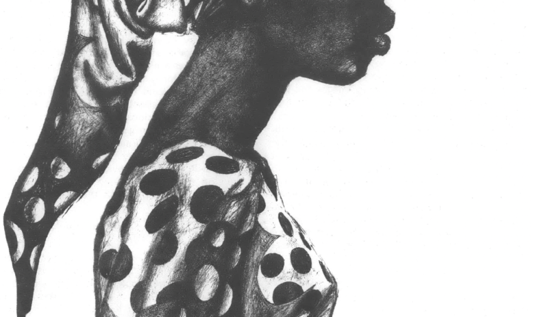 Profile of a young Black woman wearing a polka dot dress and head wrap