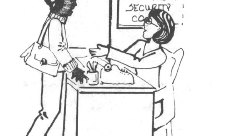 Black and white drawing of woman at desk in front of door reading "employment service center"