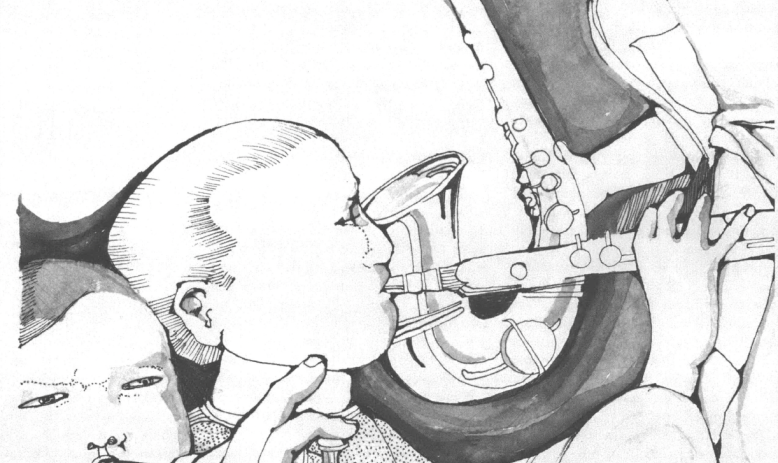 Black and white drawing of three people playing the saxophone