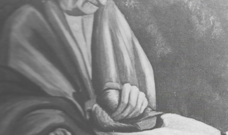 Painting of old woman with head covering seated, looking down