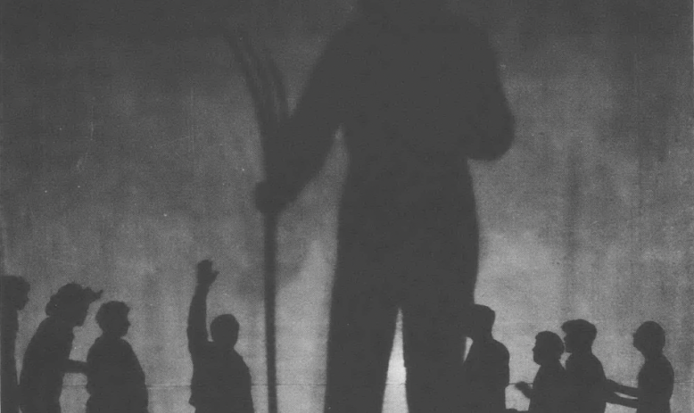 Black silhouette of a large person holding a pitchfork in the center, with eight smaller human silhouettes in various poses
