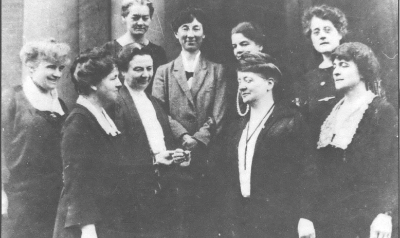 Black and white photo of group of white women in nineteenth century dress