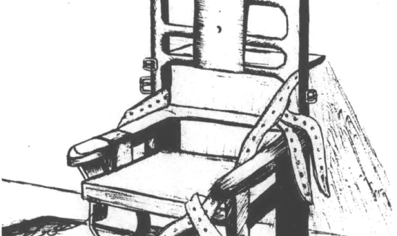 Black and white drawing of electric chair, empty with straps undone