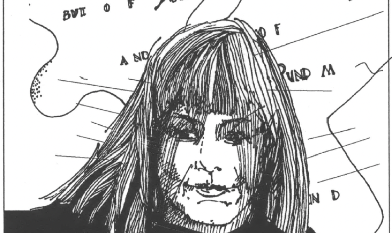 Drawing of a woman wearing a black top bangs long hair and a abstract shap behind 