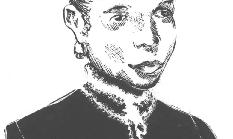 Black and white drawing of portrait of Black woman with hair back, wearing earrings and nice dress