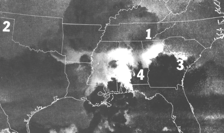 Black and white map of the Southern US overlaid on an image of a mushroom cloud