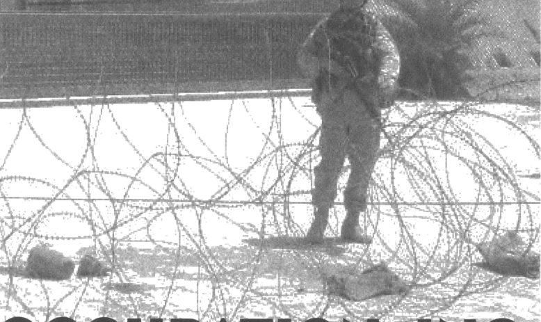 Soldier behind barbed wire, text reads "Occupation, Inc."