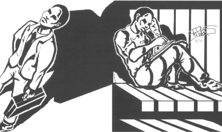 Drawing of two black men, one inside a cell and one outside