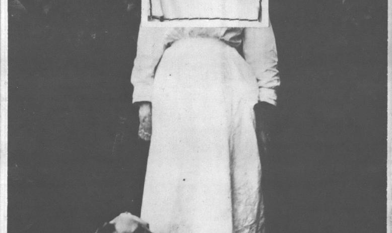 Black and white collage image of white woman in white dress with framed face, accompanied by dog, against a dark background