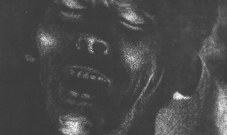 Black and white drawing of a Black woman, eyes closed, mouth open, possibly singing?