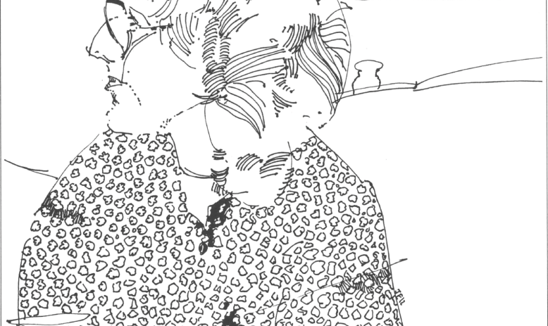 drawing of a woman looking to the right, glassess,