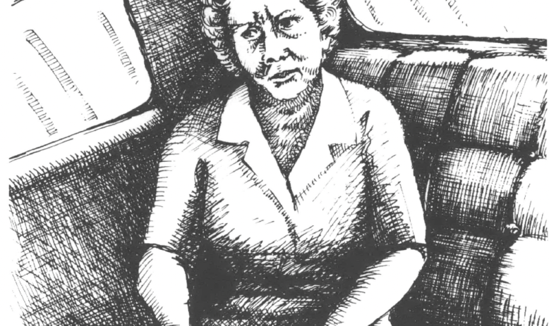 Drawing of worried-looking old woman sitting on a sofa by a window