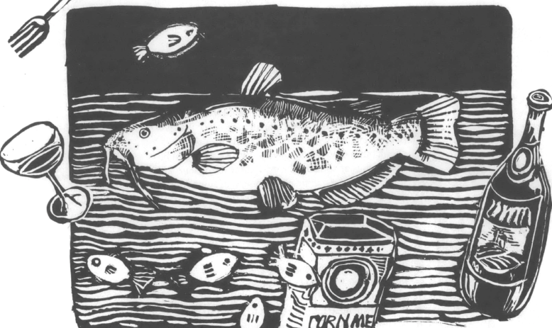 Illustration of large fish and other food and drink