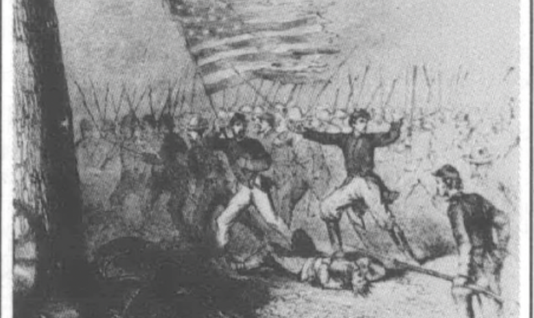 painting of troops holding U.S. flag