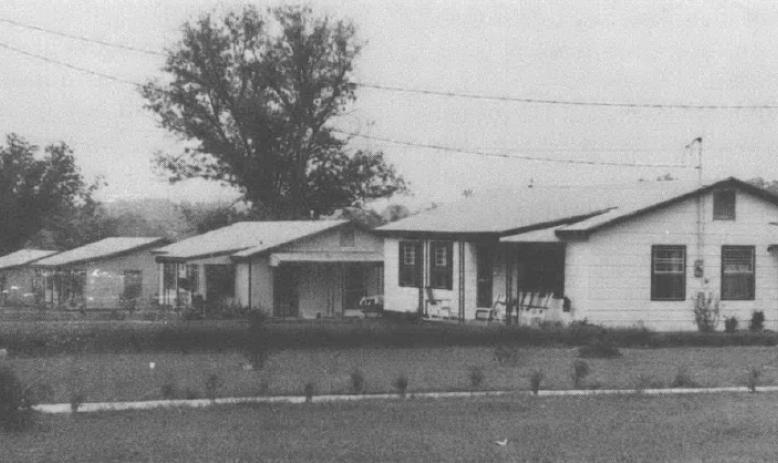 Black and white photo of one-story building