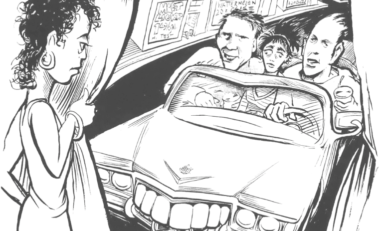 Sketch of woman watching a group of men in a car
