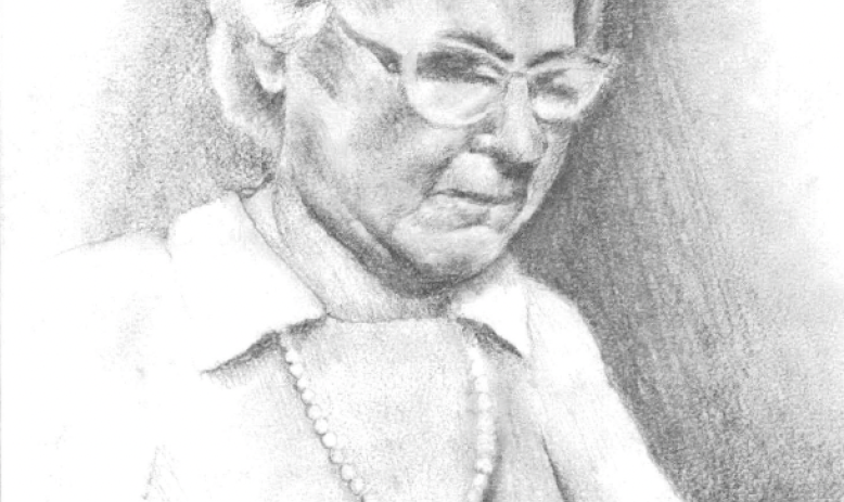 Black and white pencil drawing of elderly white woman in glasses stitching together a basebal