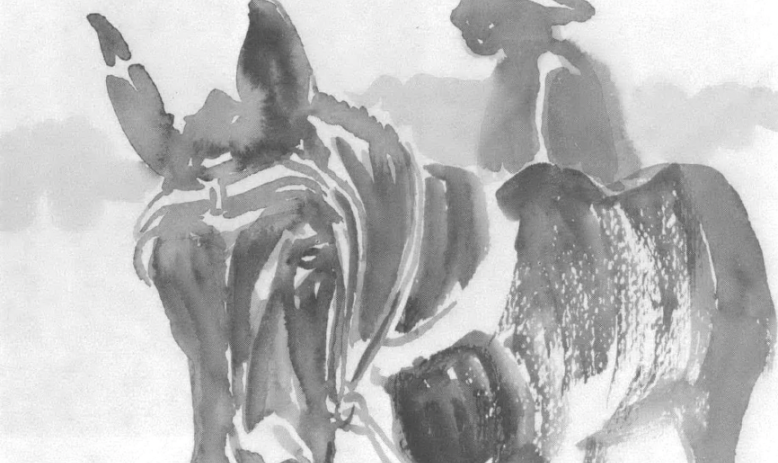 Black and white watercolor drawing of person in farmer's hat on horse