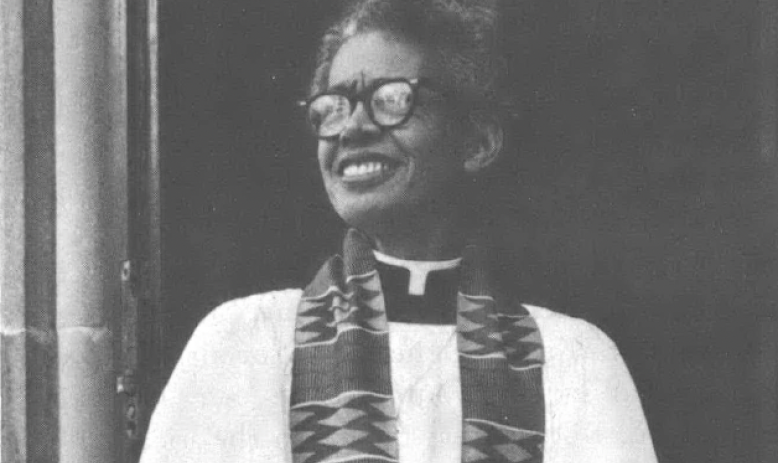 Black and white photo of Black person, Pauli Murray, in minister's robes and stoles, looking up and away from camera and smiling