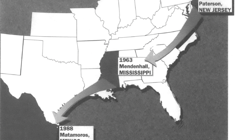 Map showing factory moving down the east coast and eventually across the Texas border