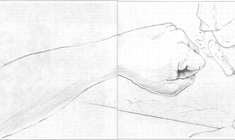 Black and white sketch illustration of a closed fist about to hit a man in a baseball hat.