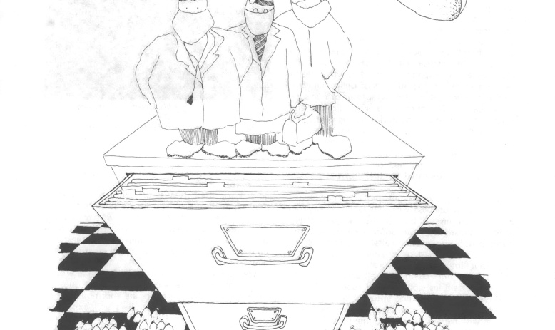 Black and white drawing of two doctors looking at table 