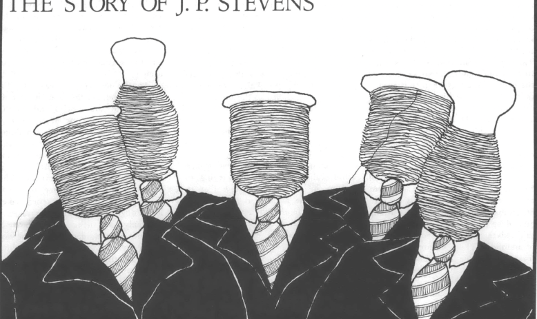 Drawing of five men in dark suits and striped ties, with threaded spools for heads