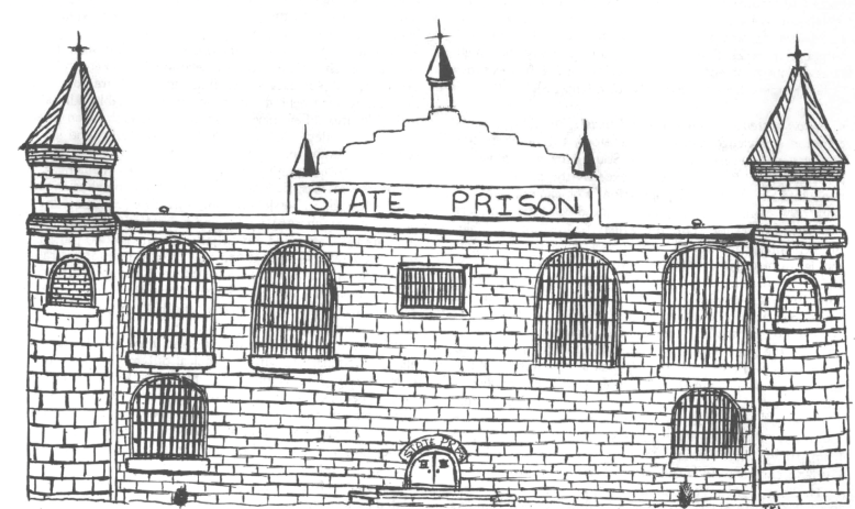 Black and white ink drawing of brick building with turrets labeled "state prison"