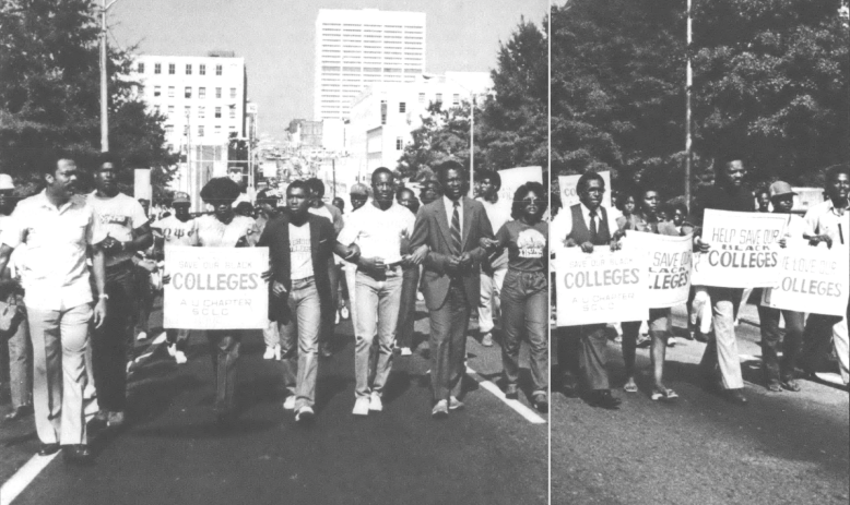 Black and White photo of Black college students marching with a sign reading, "Save our Black Colleges"